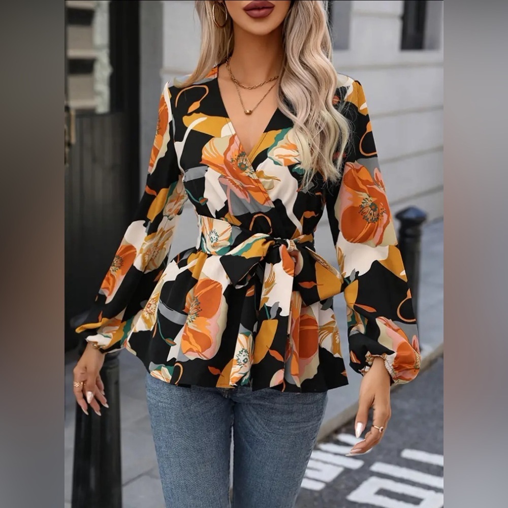 NEW-Floral Print Surplice Neck w/Lantern Sleeve Peplum Tied Blouse